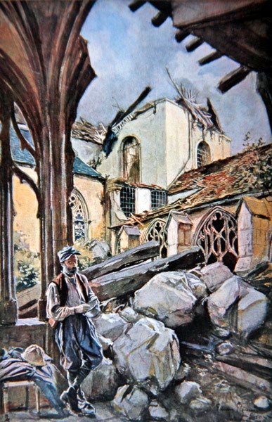 Verdun Savaşı: Fransız askeri, tayınlarını katedralin harap olmuş bir manastırında yiyor by Francois (after) Flameng