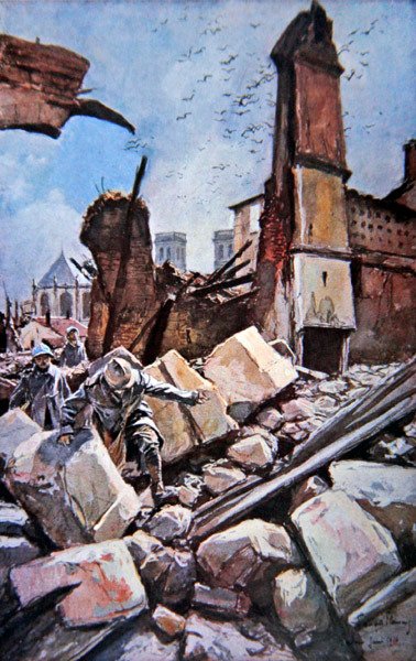 Verdun Savaşı: Fransız birlikleri harap surlar arasında hareket ediyor by Francois (after) Flameng