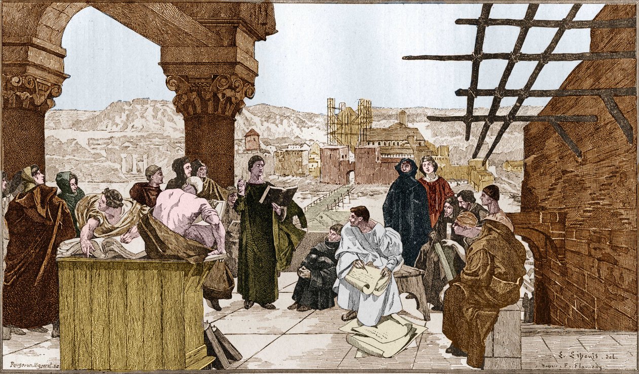 Pierre Abelard veya Abailard (1079-1142), Fransız filozof ve ilahiyatçı ve Sainte Genevieve dağındaki okulu. Francois Flameng
