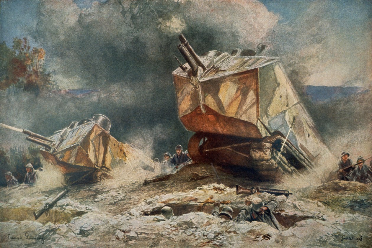 Alman mevzilerinde ilerleyen St Chamond tipi Birinci Dünya Savaşı Fransız tankı by Francois (after) Flameng