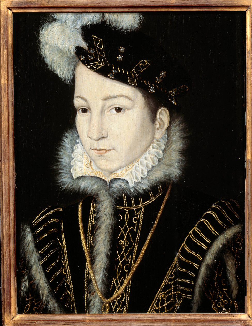 Charles IX, Fransa Kralı (1550 - 1574) portresi. Atelier de Francois Clouet (1515-1572), v. 1555. Ahşap üzerine yağlı boya. Karartma: 0,32 x 0,23m. Ahşap üzerine yağ. - Fransa Kralı Charles IX