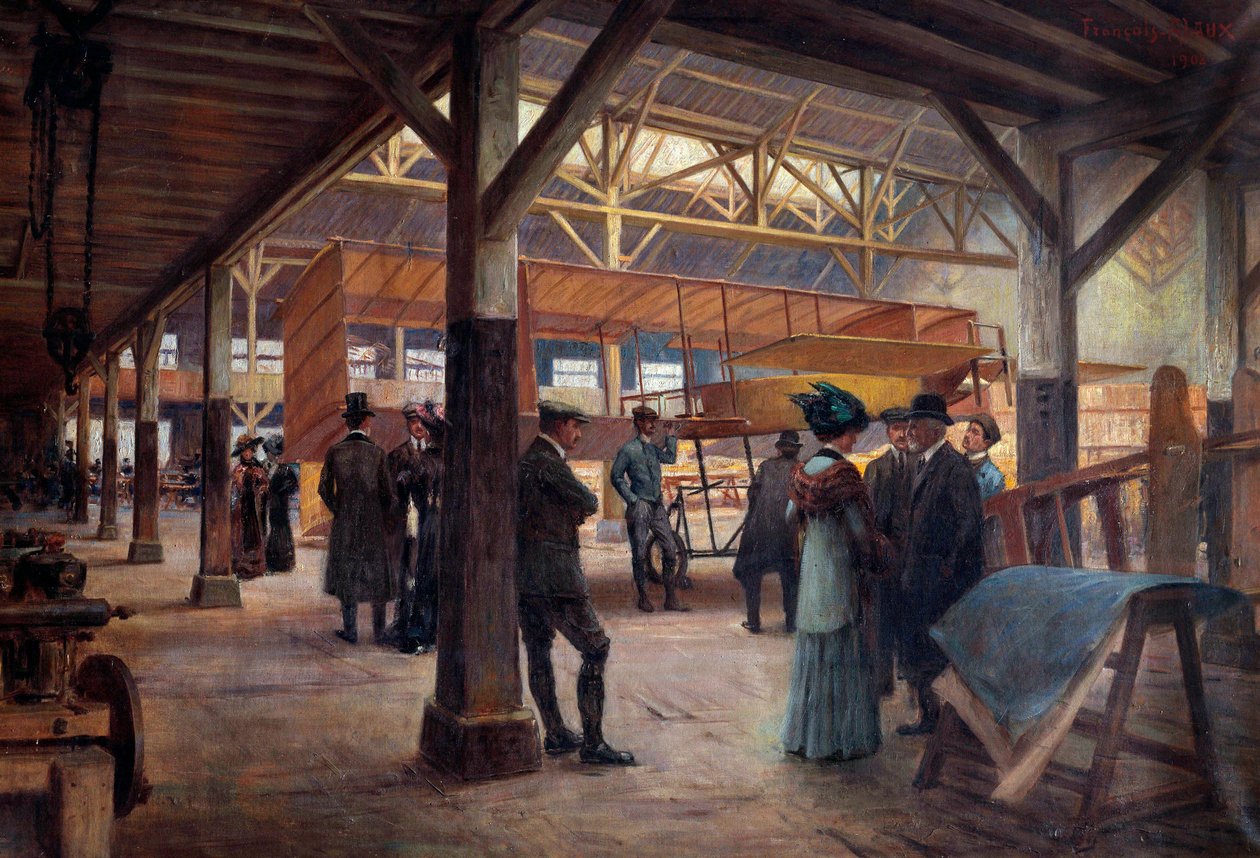 Havacılığın öncüleri Gabriel ve Charles Voisin (1880-1973 ve “1882-1912) kardeşlerin atölyesi, 1908'de Boulogne Billancourt'ta” (tuval üzerine yağlı boya) by Francois Alaux