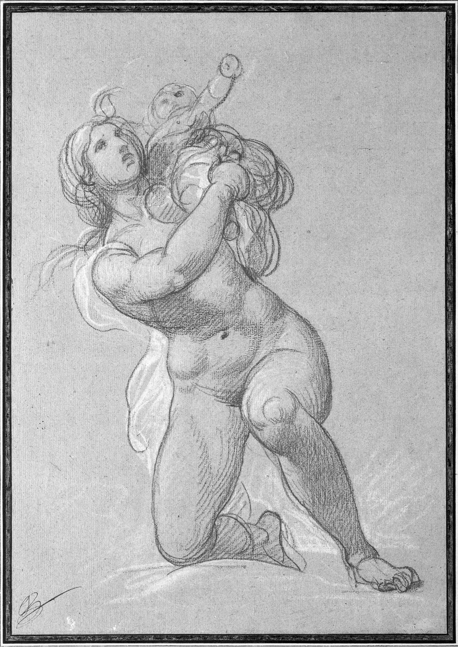 Bir çocuk tutan diz çökmüş çıplak kadın, c.1781 (kağıt üzerinde kırmızı mum boya ve beyaz tebeşir) by François André Vincent