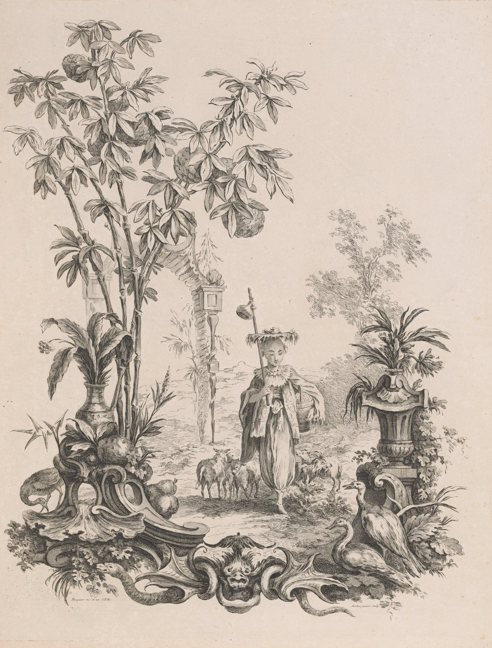 Koyunlarıyla çevrili yürüyen genç Çinli kız, ca.1740-50. by Francois Antoine Aveline