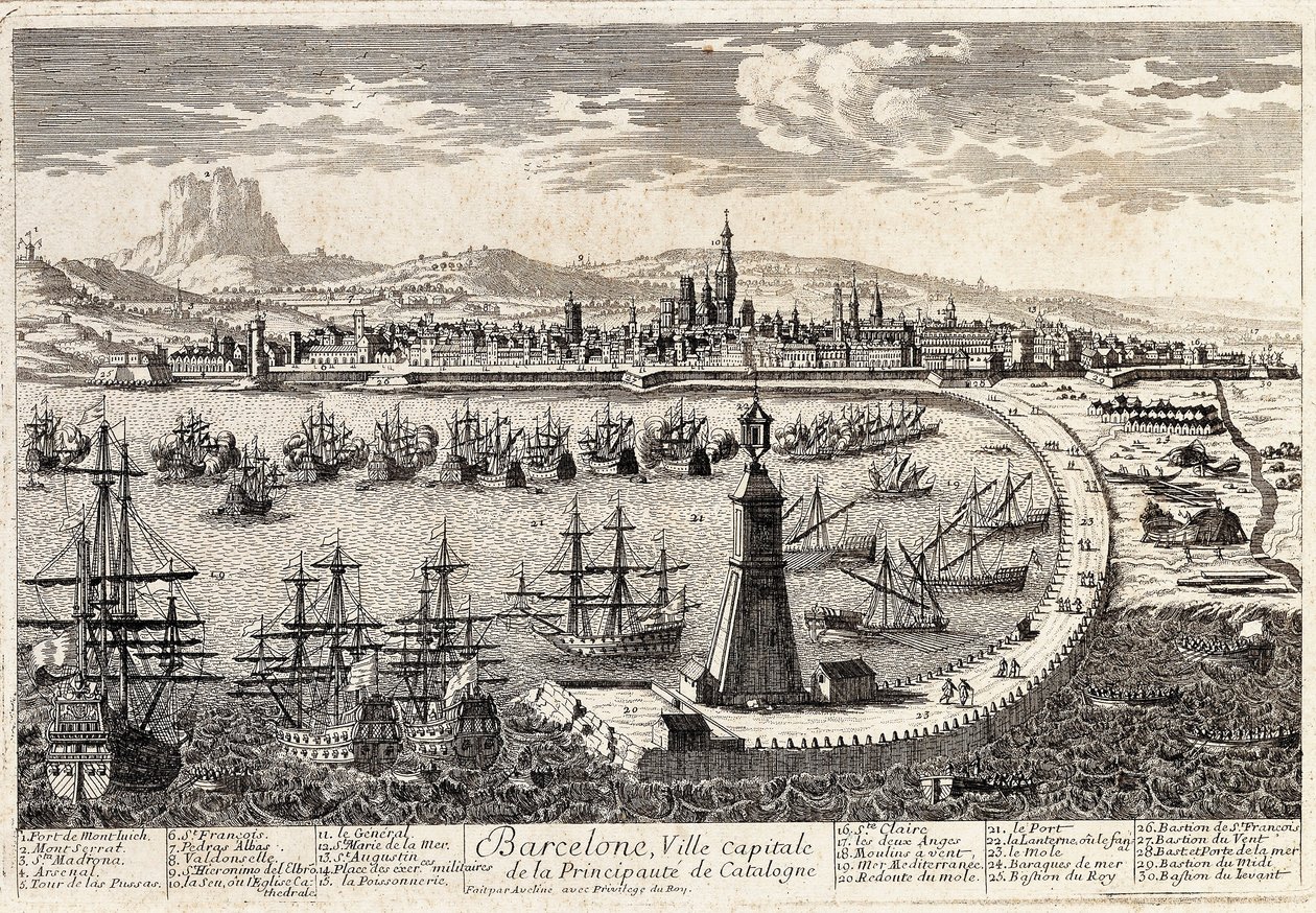 18. yüzyılda şehir ve Barselona limanının görünümü. Francois Antoine Aveline Barcelona, Museu d'Historia de la Ciutat tarafından gravür. by Francois Antoine Aveline