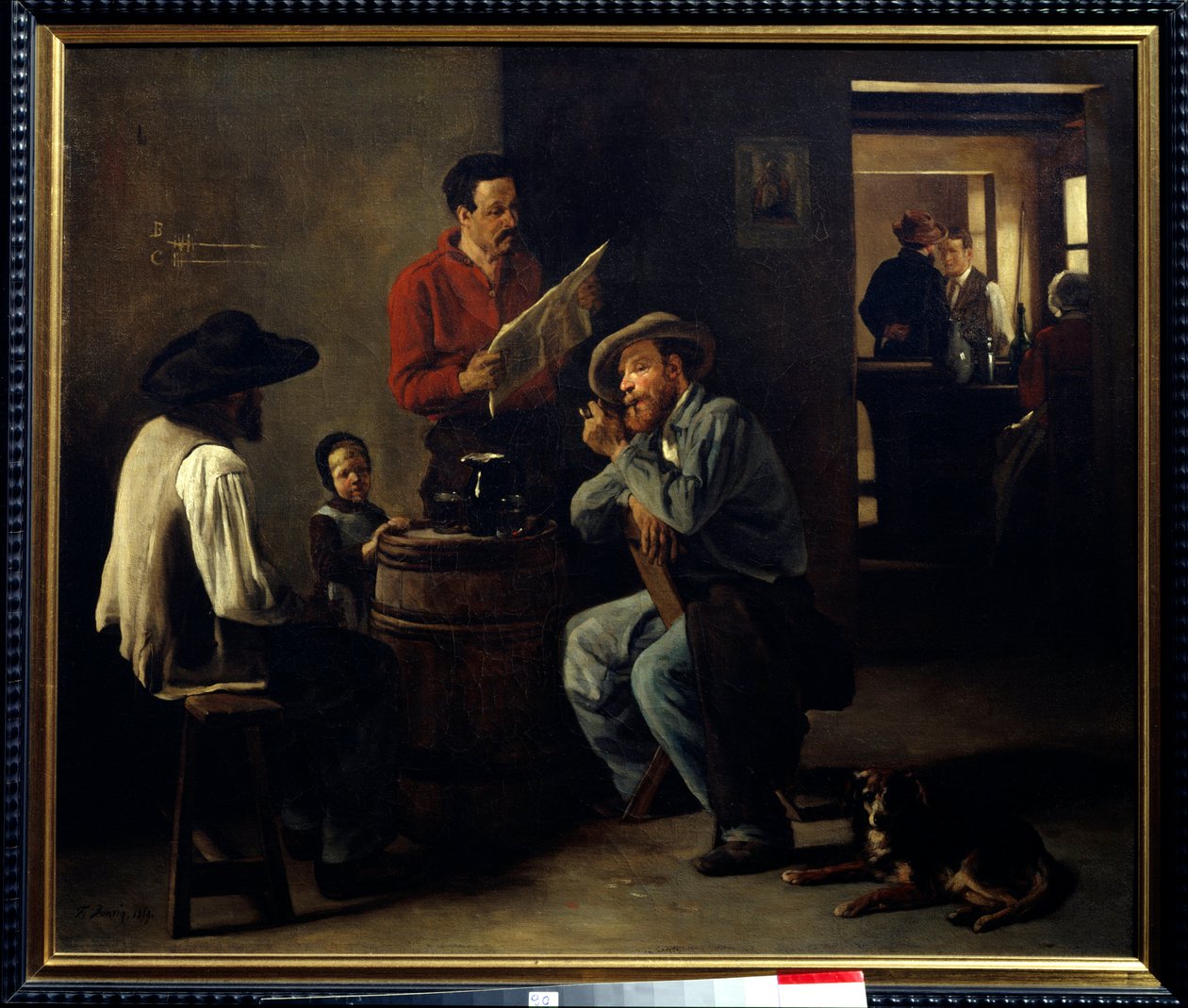 Kabare iç Bir meyhanede oturan iki adam gazete okumasını dinliyor. Francois Bonvin (1817-1887) 1859 Arras, Musee des Beaux Arts tarafından yapılan resim. by François Bonvin