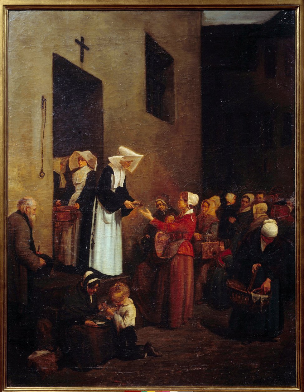 Hayır kurumu. Rahibeler sokaktaki yoksullara yiyecek dağıtır. Francois Bonvin