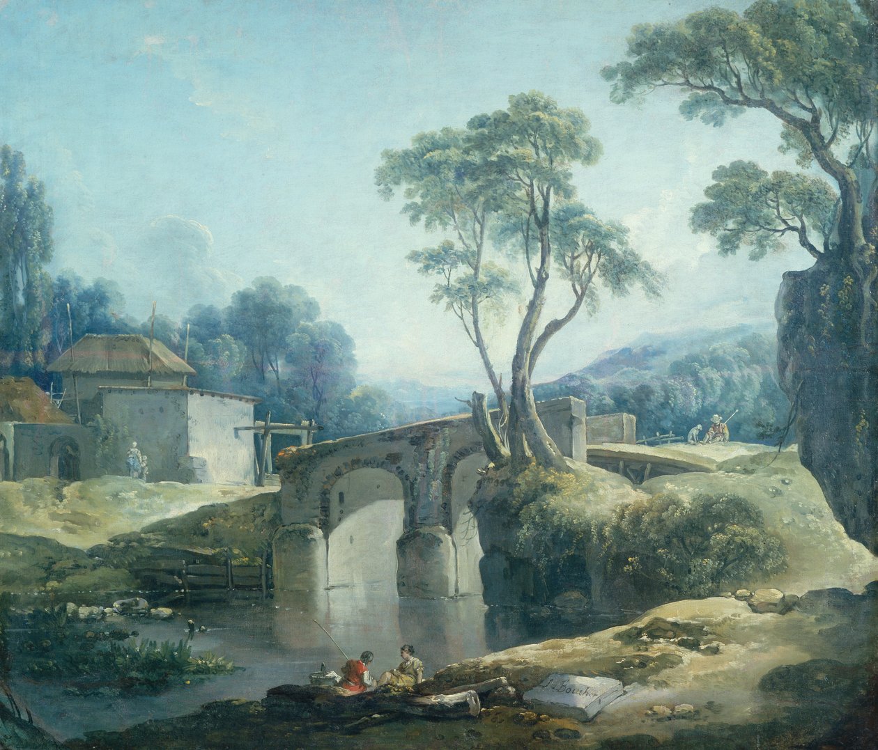Nehir Üzerinde Köprülü Ağaçlık Bir Manzara (tuval üzerine yağlı boya) by François Boucher