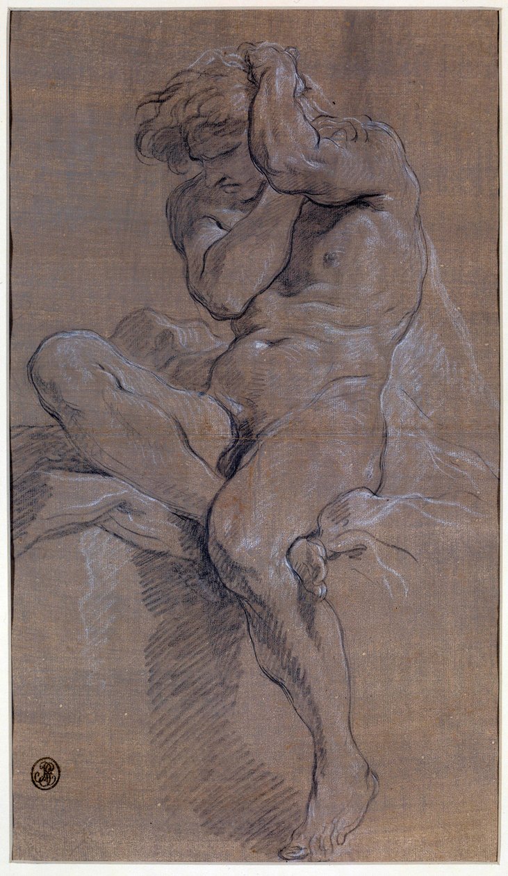 Oturan çıplak adam Akademisi Francois Boucher (1703-1770) tarafından kırmızı kanla çizim 18. yüzyıl Paris, Louvre Müzesi by François Boucher