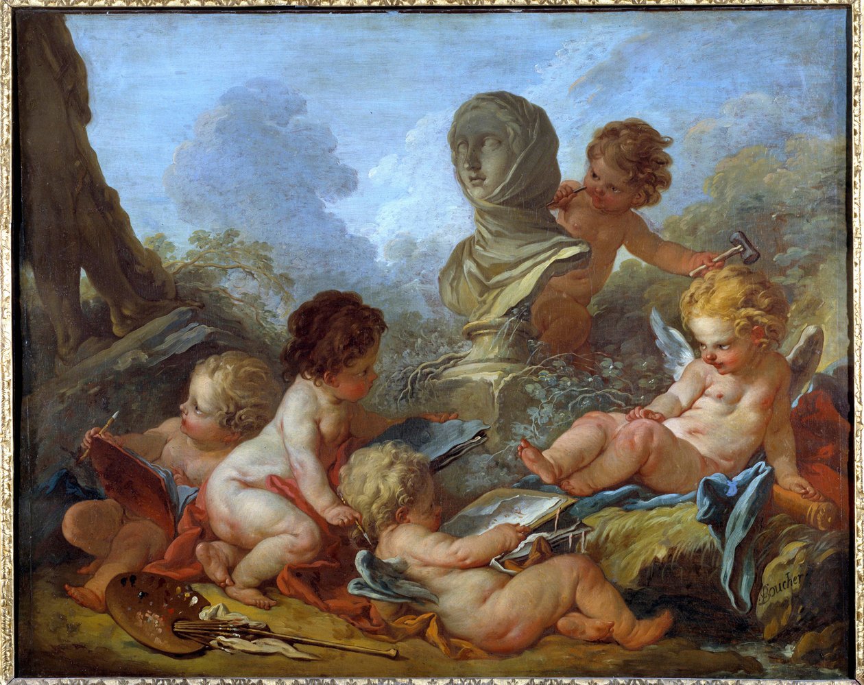 Allegorie des Arts Farklı sanatlarla ilişkili beş küçük Aşk (heykel, resim...) Francois Boucher (1703-1770) tarafından yapılan resim 18. yüzyıl Troyes, Musee des Beaux Arts - Sanat Alegorisi. Farklı sanatlarla ilişkili beş küçük aşk tanrısı (heykel by François Boucher