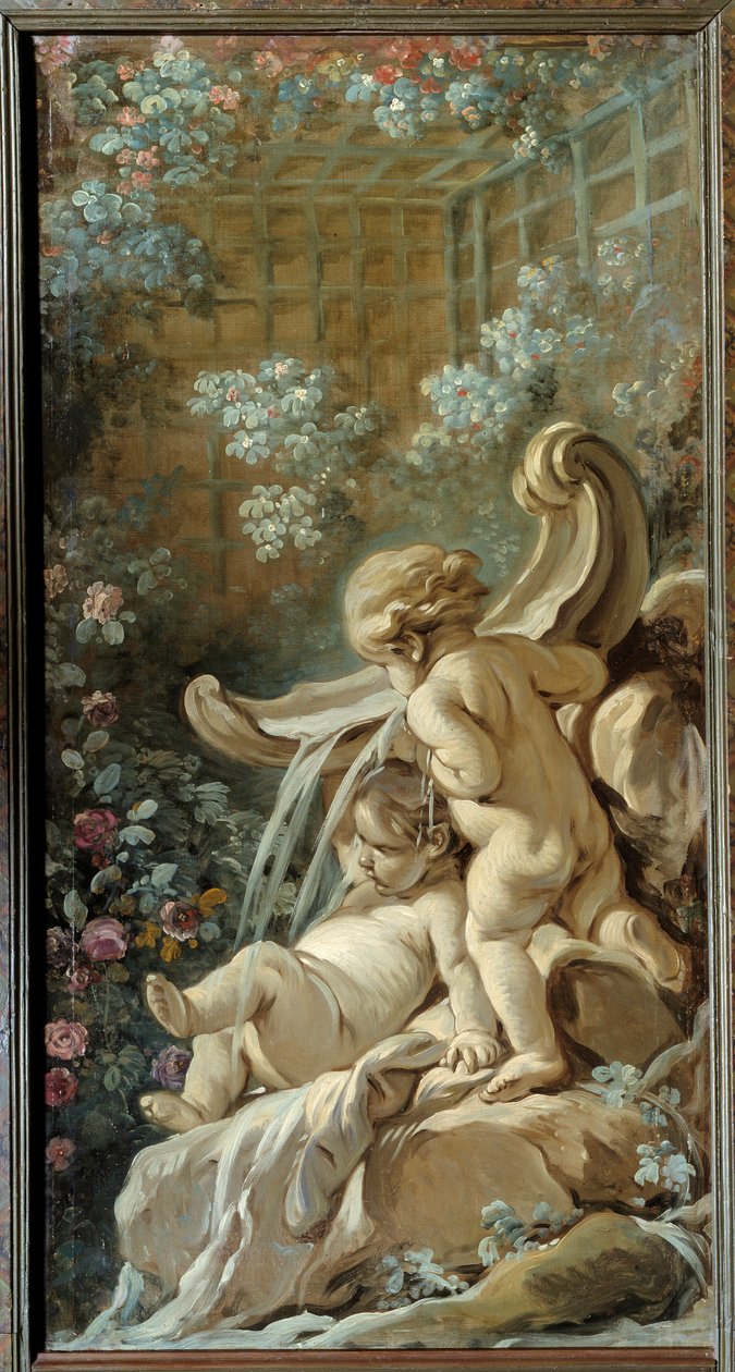 Oturma odasının kapı paneli Demarteau: Biri yalan olan iki aşklı çeşme. Francois Boucher (1703-1770) tarafından yapılan boyama by François Boucher