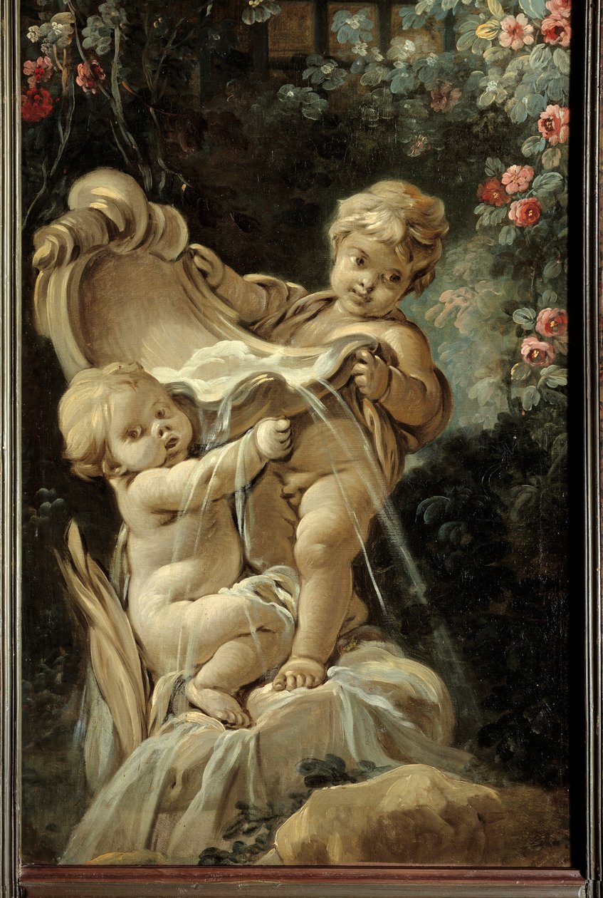Oturma odasının kapı paneli Demarteau: Biri diz çökmüş iki aşklı çeşme. Francois Boucher (1703-1770) tarafından yapılan boyama by François Boucher