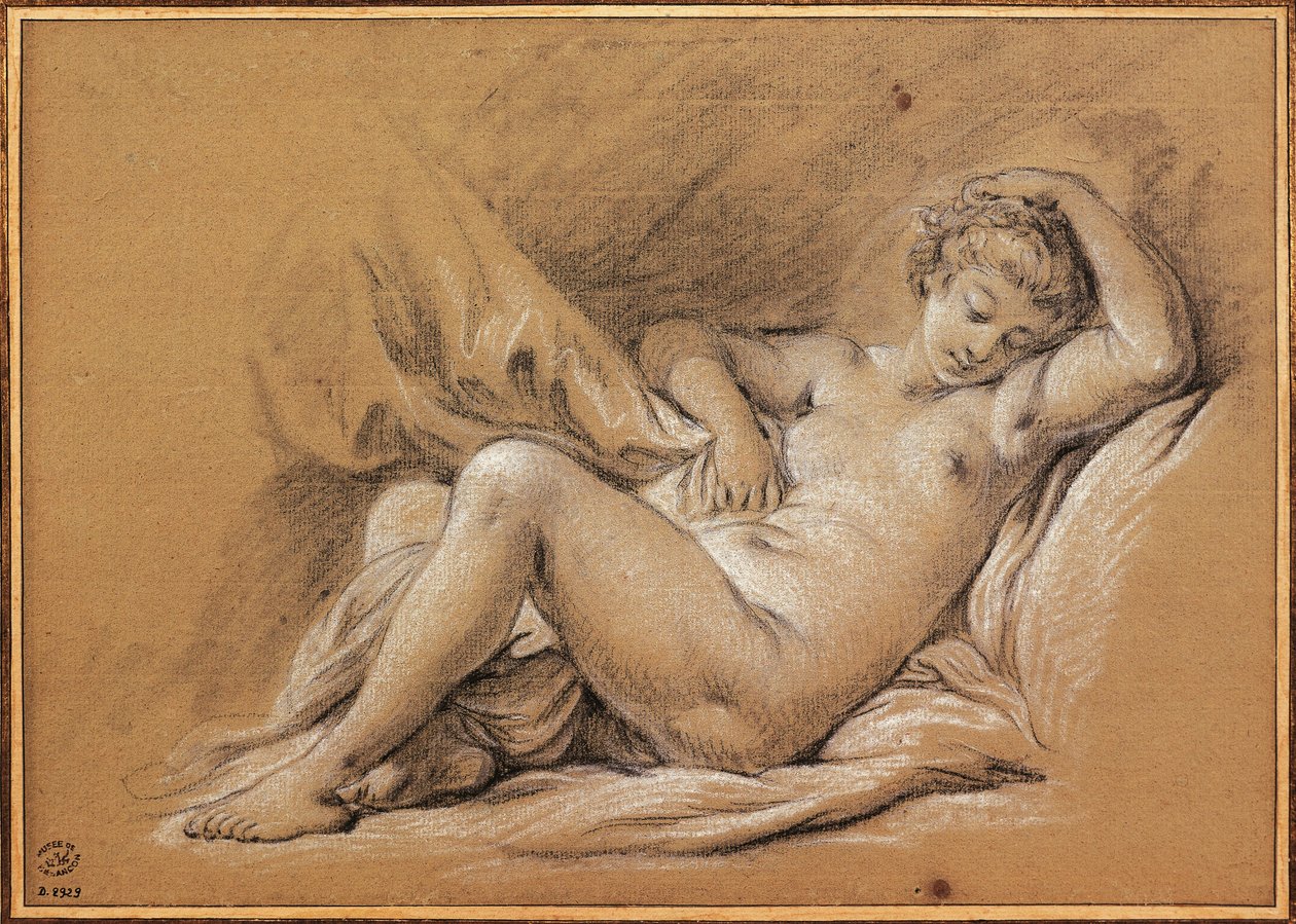 Fransa, Chinoiseries, yatakta çıplak kadın çizimi (çizim) by François Boucher