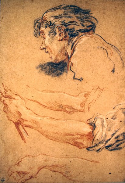 Bir Çoban Çocuğun Başkanı ve El ve Kol Çalışmaları (kağıt üzerinde siyah, kırmızı ve beyaz tebeşirler) by François Boucher