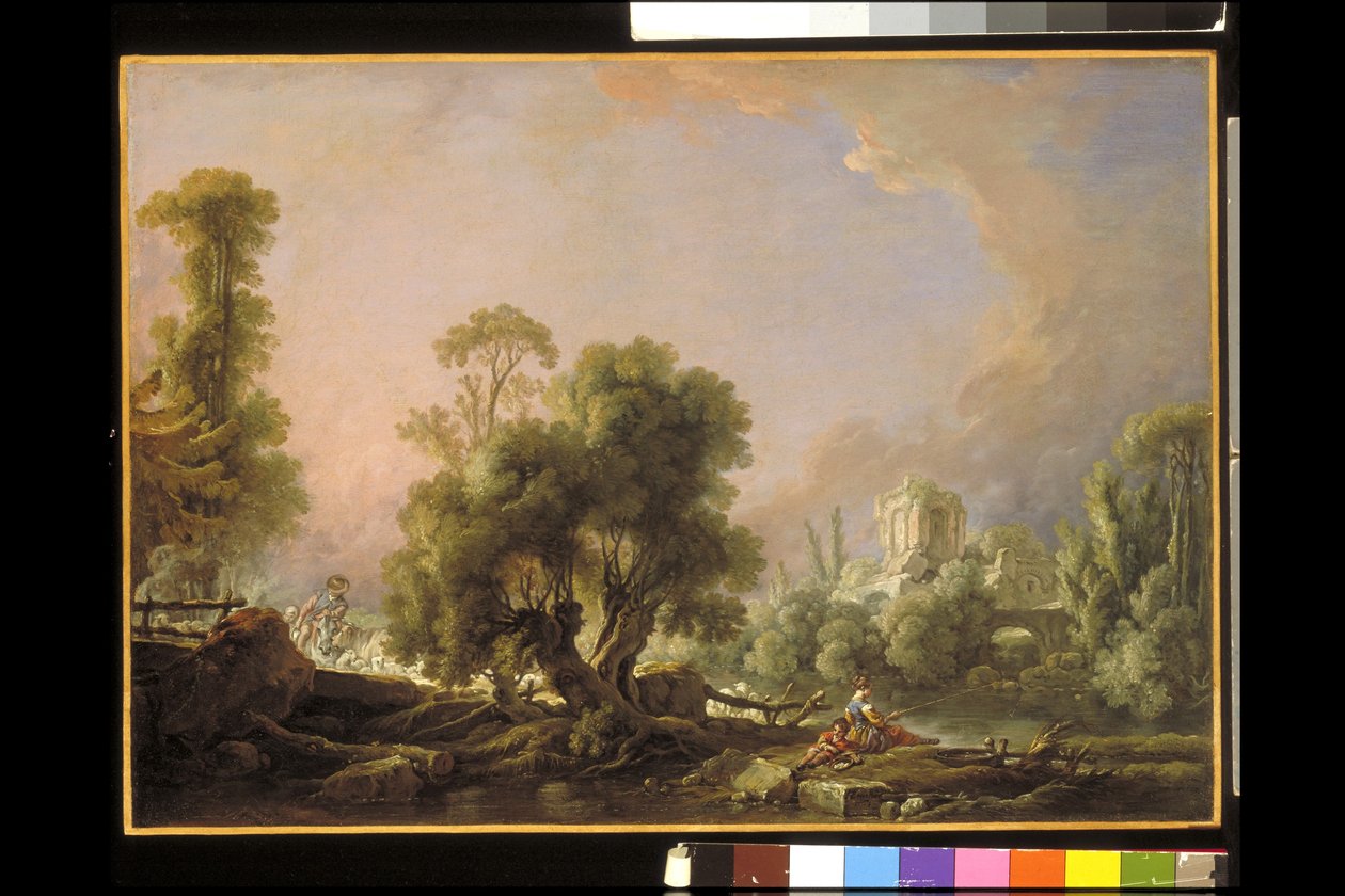 Balık Tutan Kadınla Pastoral Manzara (tuval üzerine yağlı boya) by François Boucher