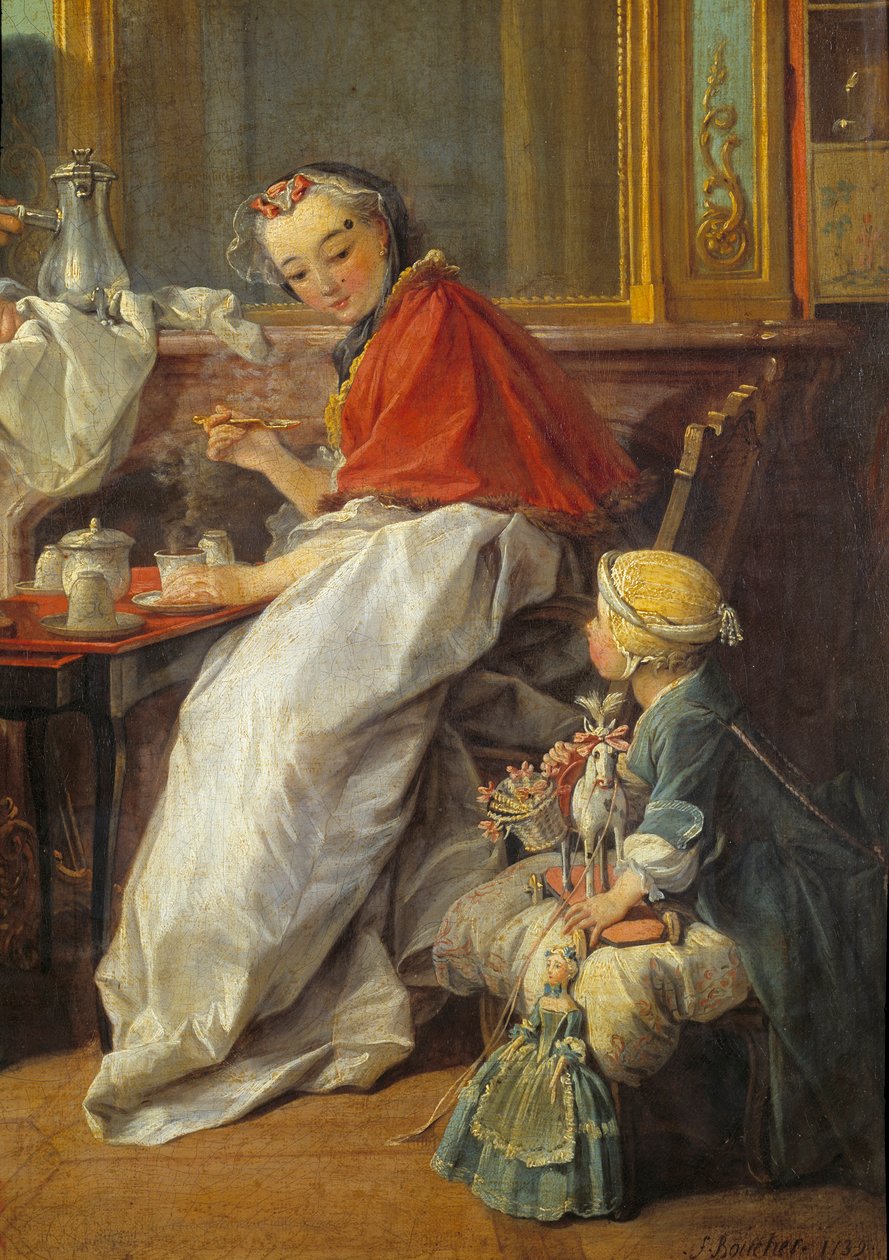 Anne ve kızı. “Kahvaltı”nın detayı. Bir kız ve oyuncak bebekleri, annesini sıcak çikolata içerken izliyor. Francois Boucher (1703-1770) tarafından yapılan boyama by François Boucher