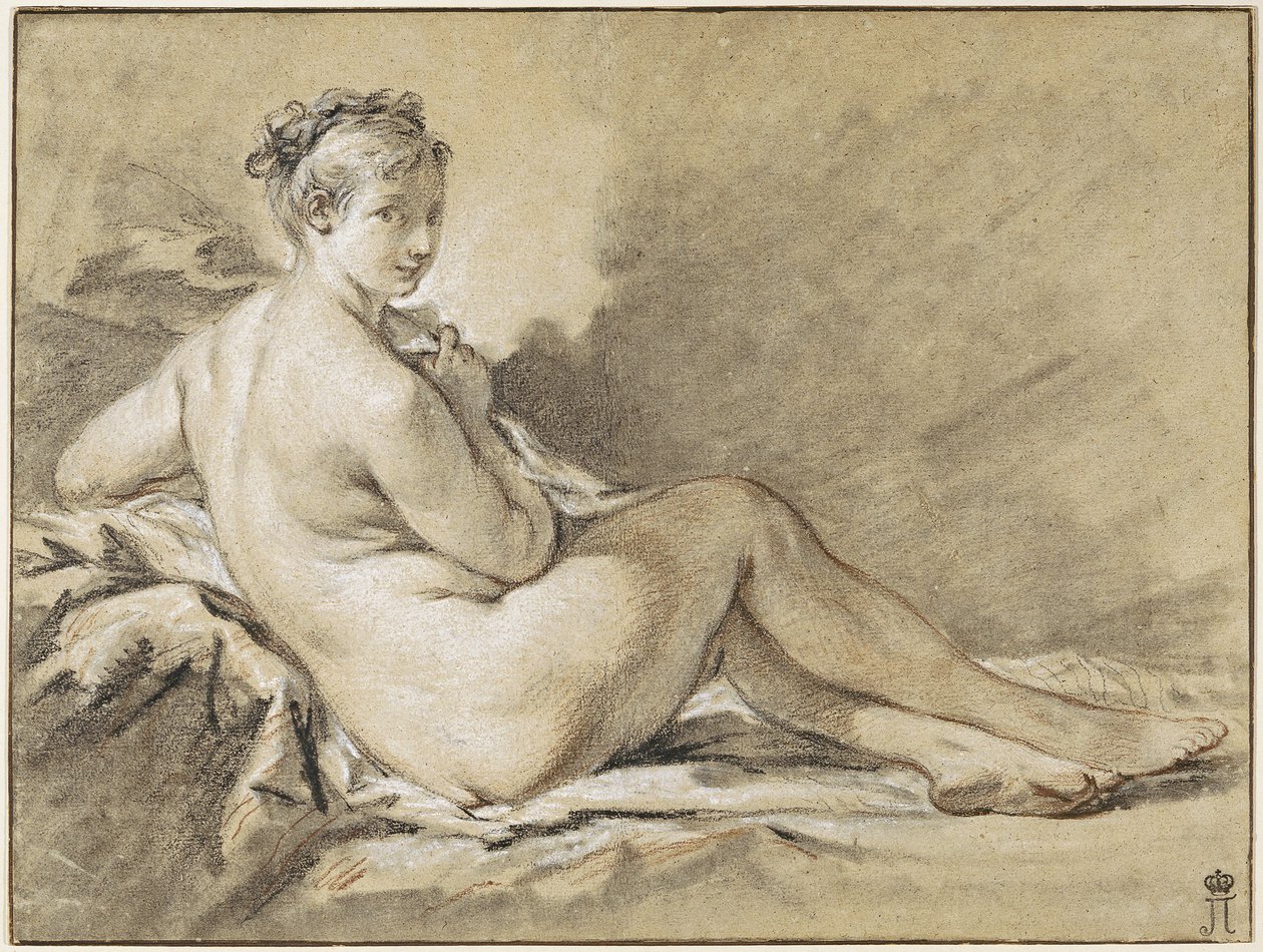 Çıplak Kadın Çalışması - Francois Boucher (1703-1770). Sanguine, kağıt üzerinde siyah beyaz tebeşir by François Boucher