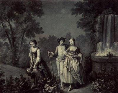 Bir çeşmenin yanında bahçecilik yapan iki kız ve bir genç (s/b kalem ve yıkama) by François Boucher