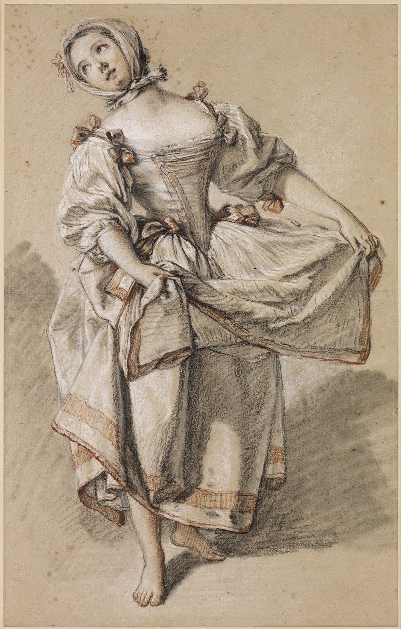 Dans Eden Genç Köylü Kızı, c. 1765-70 (devetüyü serilmiş kağıt üzerine siyah, kırmızı ve beyaz tebeşir ve kütük) by François Boucher