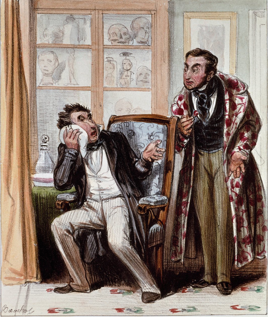 Diş doktoru. Dişleri öfkeli bir hastanın karikatürü dişçiye danışmaya geldi. 1830 dolaylarında Bouchot tarafından gravür. Paris, Musee Carnavalet. by Francois Bouchot