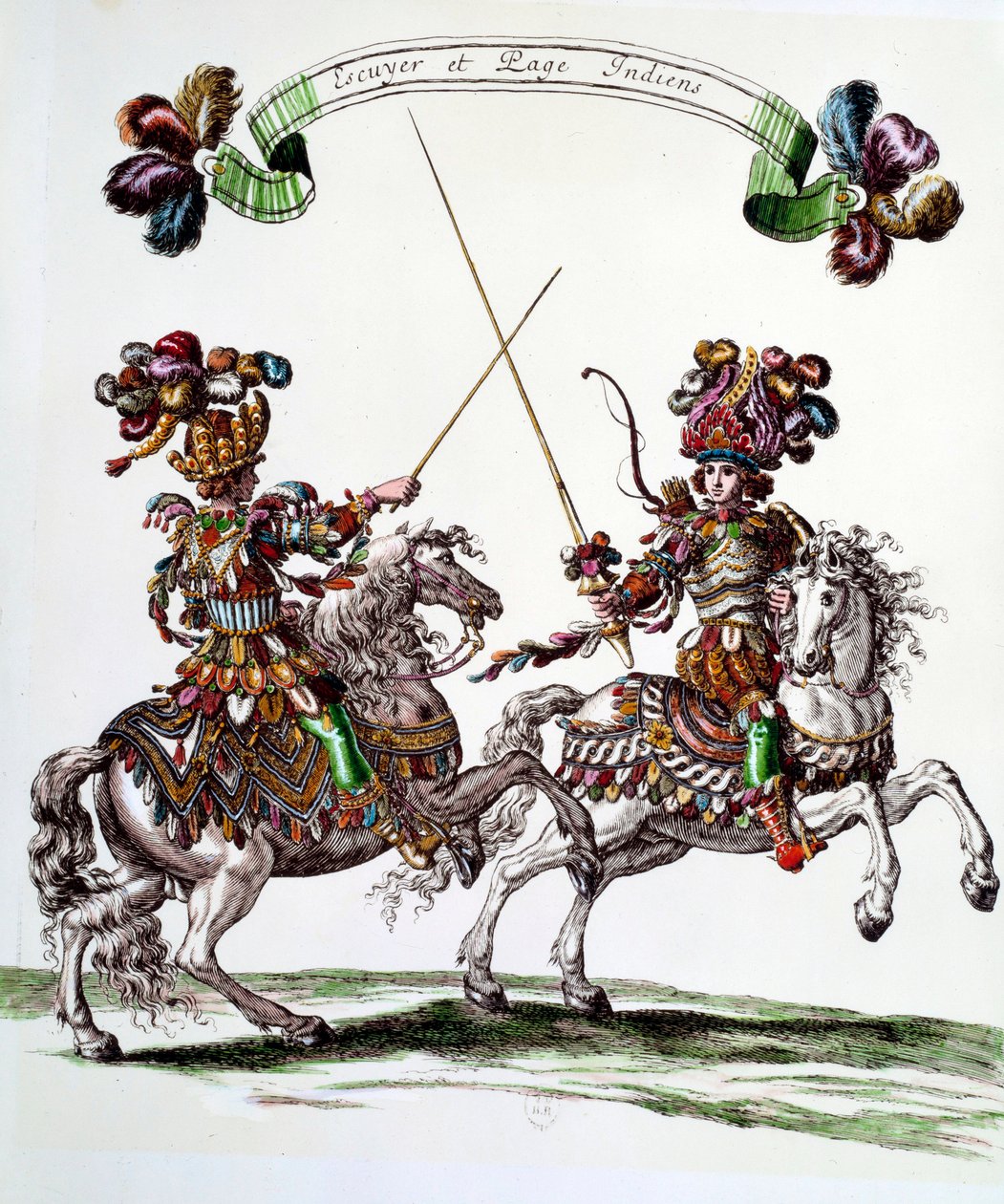 Indian Ecuyer and page during the carousel given by King Louis XIV (1638-1715) in 1662 to the Tuileries to celebrate the birth of the Dauphin. Engraving by Francois Chauveau (1613-1676) 17th century Private Collection by Francois Chauveau
