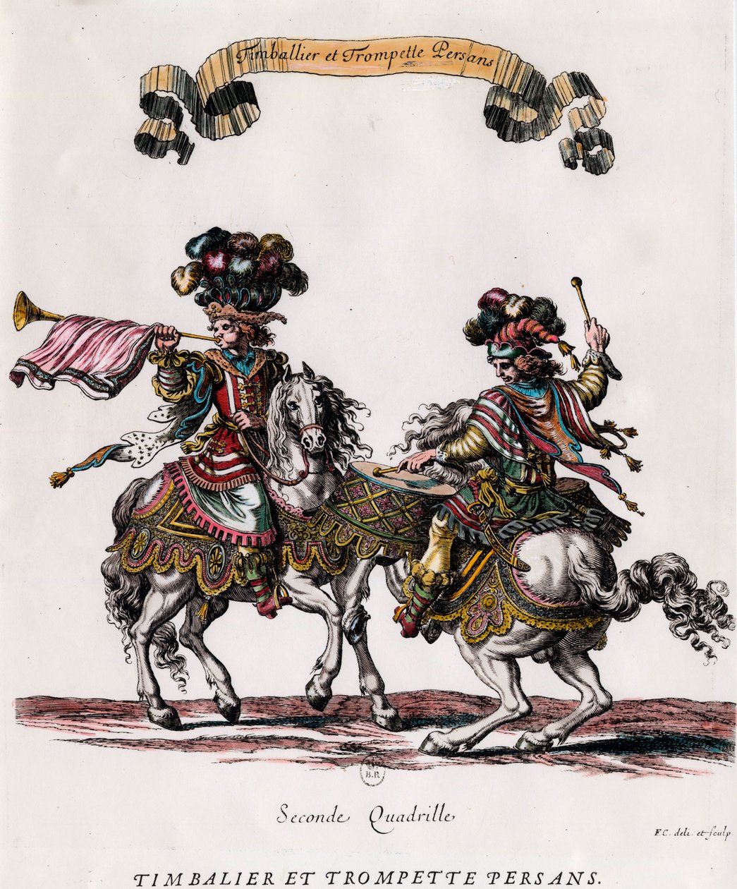 Kral Louis XIV (1639-1715) tarafından verilen atlıkarınca sırasında Farsça timbalier ve trompet Francois Chauveau (1613-1676) tarafından 1662 dolaylarında gravür Özel koleksiyon by Francois Chauveau