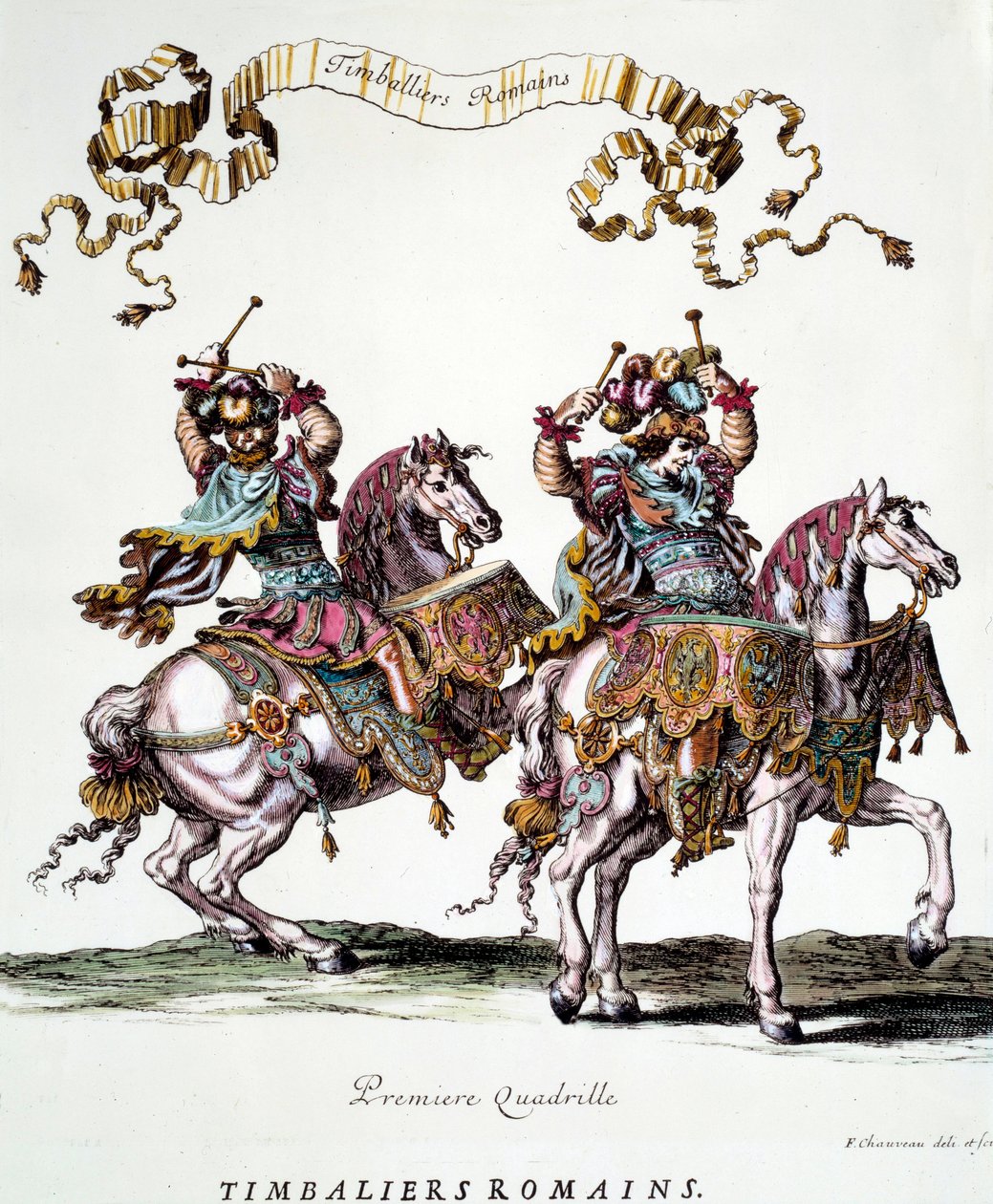 1662 yılında Kral Louis XIV (1638-1715) tarafından verilen atlıkarınca sırasında Roma timbaliers Francois Chauveau (1613-1676) tarafından gravür 17. yüzyıl Özel Koleksiyon by Francois Chauveau