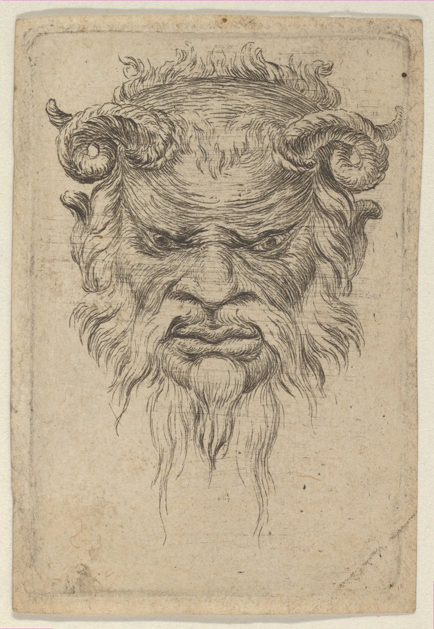 Kıvrılmış Boynuzları Aşağıya Bakan Satyr Maskesi, Divers Masques, ca. 1635-45. by Francois Chauveau