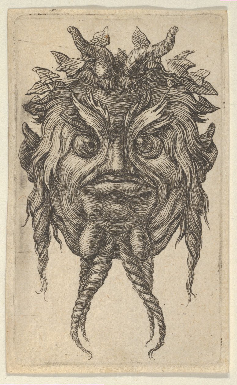 Dalgıç Maskesinden Sarmaşık Çelenk Takan Bükülmüş Sakallı Boynuzlu Satyr Maskesi..., ca. 1635-45. by Francois Chauveau