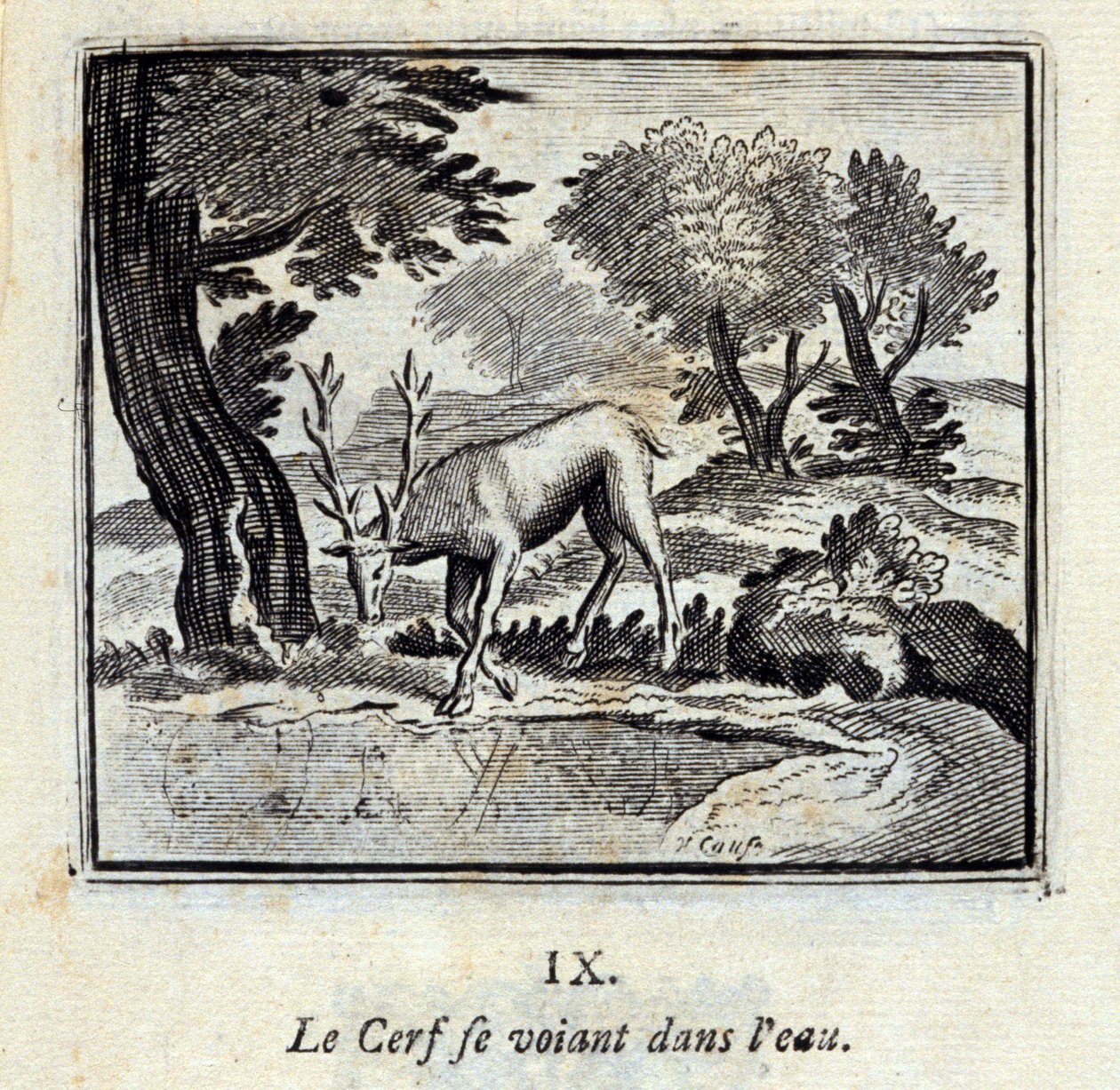 Kendini suda gören geyik. Jean de La Fontaine