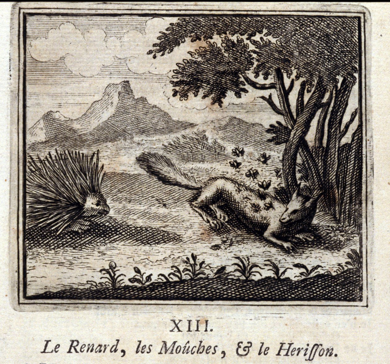 Fox, Sinekler ve Herisson. Jean de La Fontaine