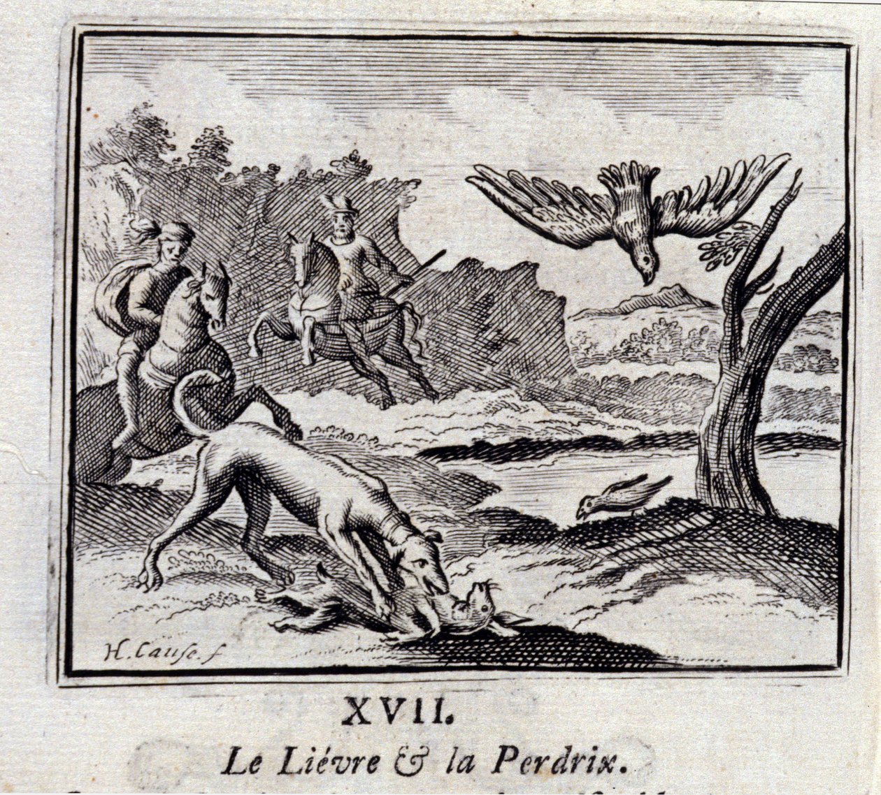 The Lievre and the Pardrix.Fables by Jean de La Fontaine (1621-95). Illustration by François Chauveau (1613-1676). Edition of 1728. by Francois Chauveau