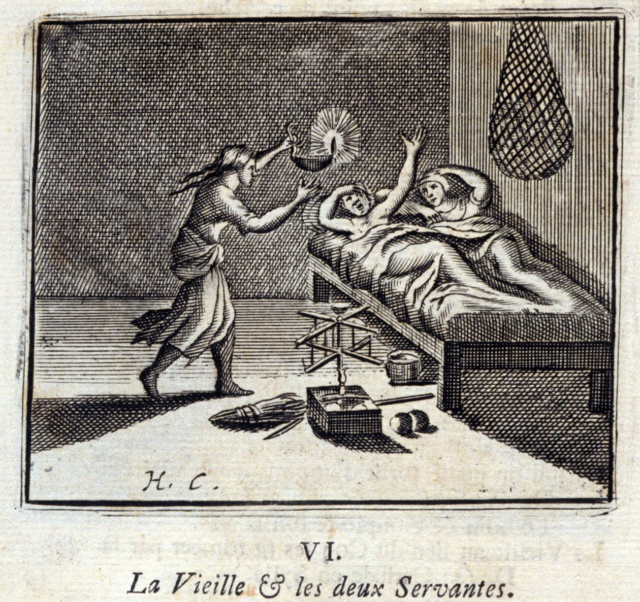 Yaşlı Kadın ve İki Hizmetçi. Jean de La Fontaine'in (1621-95) Masalları. François Chauveau'nun çizimi (1613-1676). 1728 baskısı. by Francois Chauveau