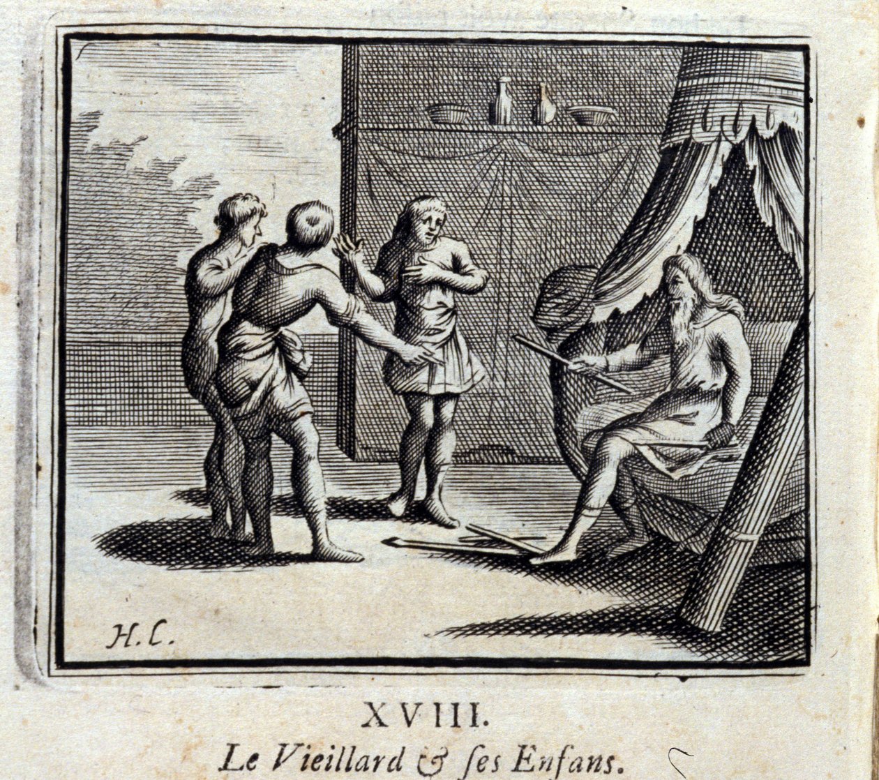 Yaşlı Adam ve Çocukları. Jean de La Fontaine'in (1621-95) Masalları. François Chauveau'nun çizimi (1613-1676). 1728 baskısı. by Francois Chauveau