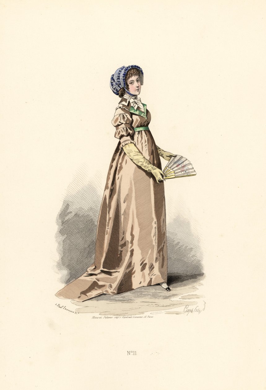 Fındık rengi elbise, fichu-chemise ve mavi şapkalı kadın. by Francois Claudius (after) Compte Calix