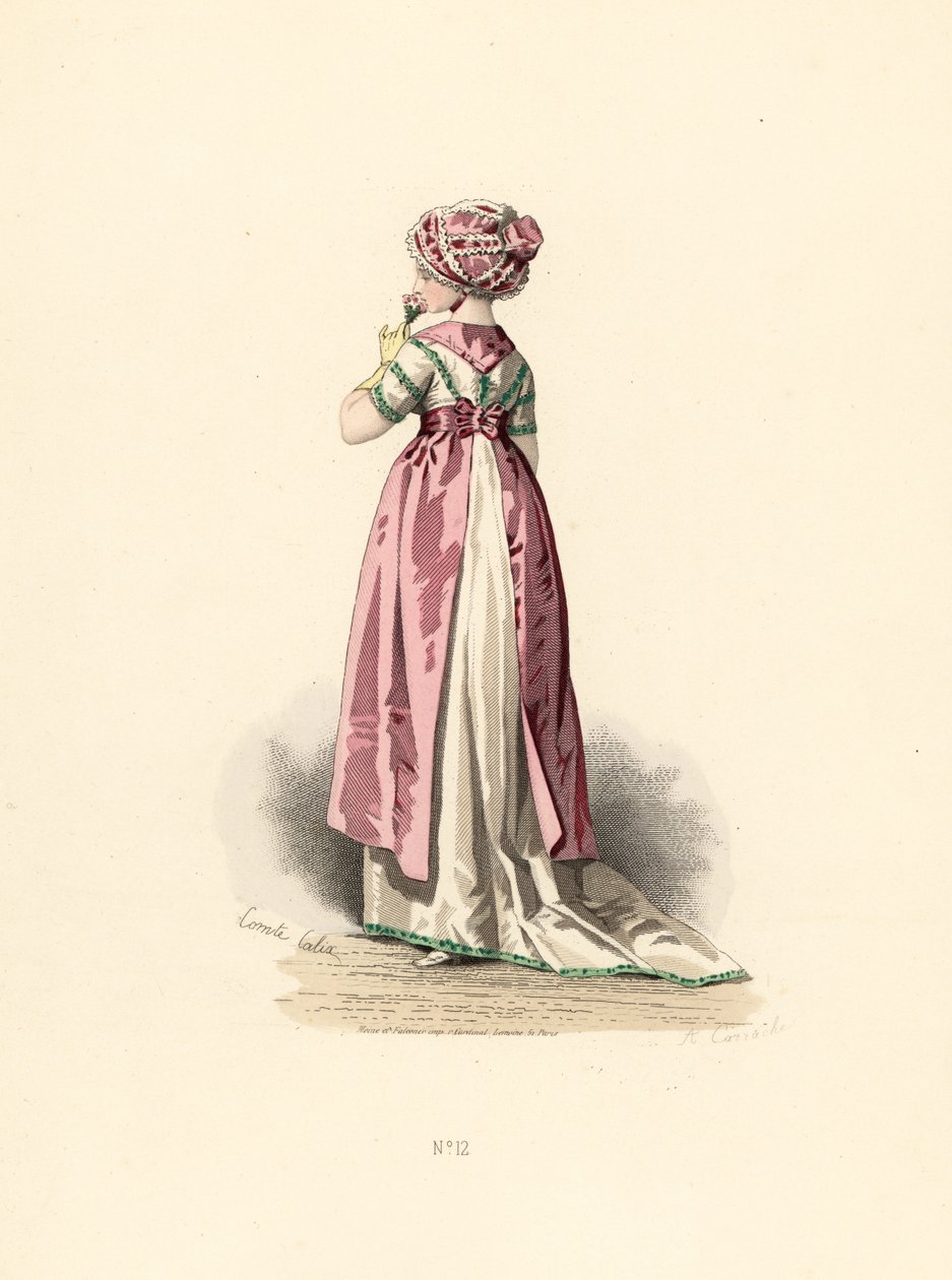 Beyaz elbiseli ve yeşil süslemeli, pembe önlüklü bir kadın. by Francois Claudius (after) Compte Calix