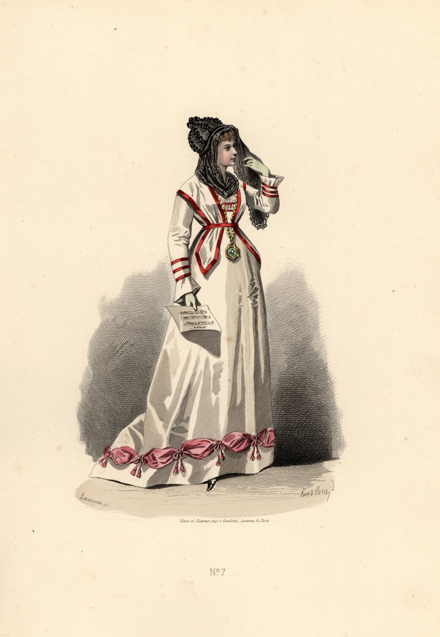 Pembe kabarıklarla süslenmiş beyaz elbiseli kadın. by Francois Claudius (after) Compte Calix