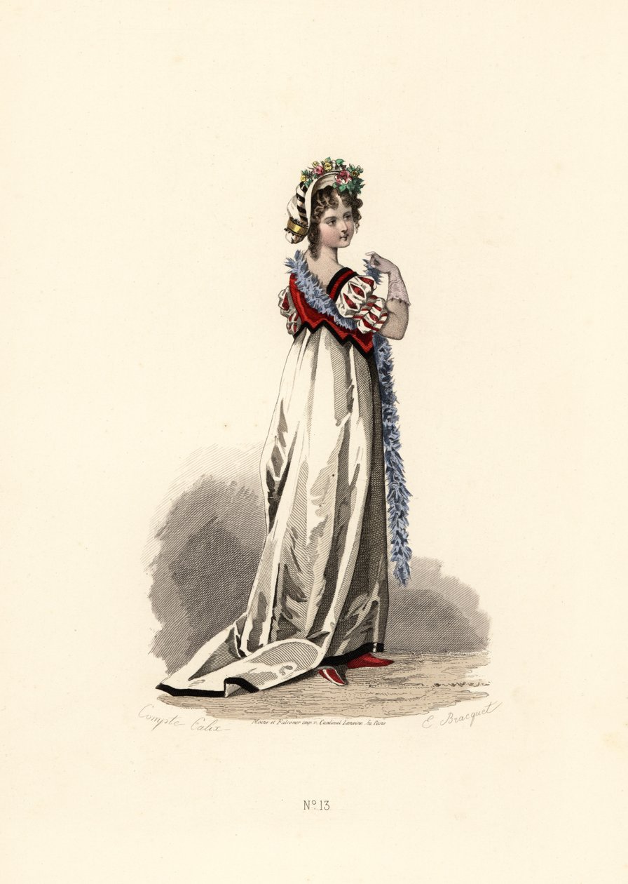 Siyah kadife süslemeli beyaz elbiseli kadın. by Francois Claudius (after) Compte Calix