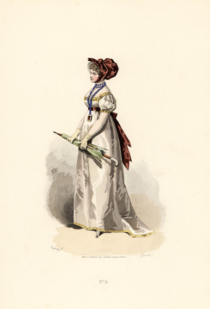 Saman rengi süslemeli ve garnet kemerli beyaz elbiseli kadın. by Francois Claudius (after) Compte Calix