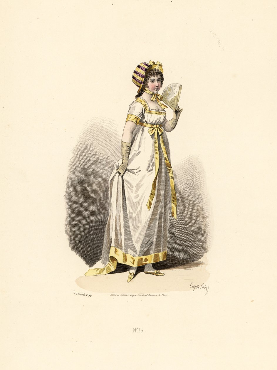 Fan ile sarı süslemeli beyaz elbiseli kadın. by Francois Claudius (after) Compte Calix