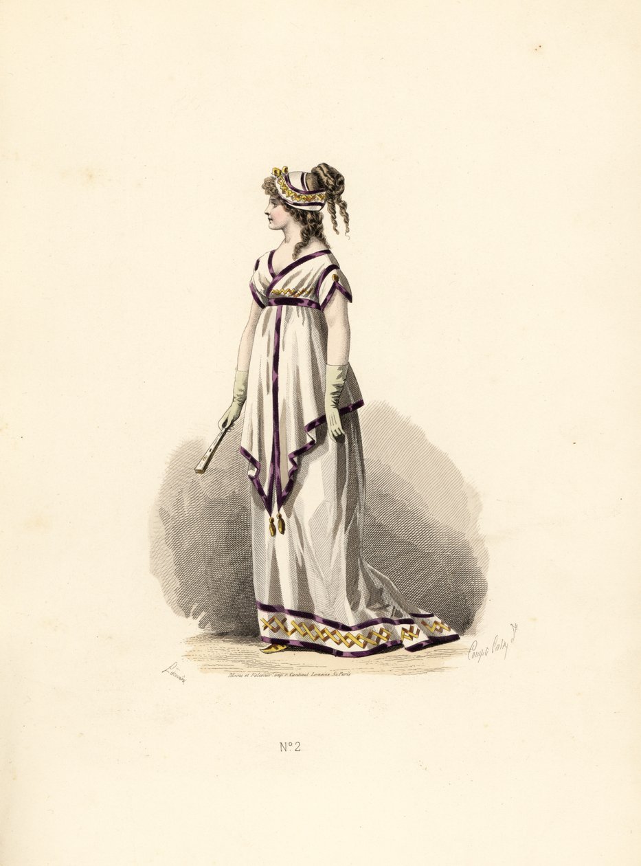 Leylak kadife ile süslenmiş beyaz tunik elbiseli kadın. by Francois Claudius (after) Compte Calix