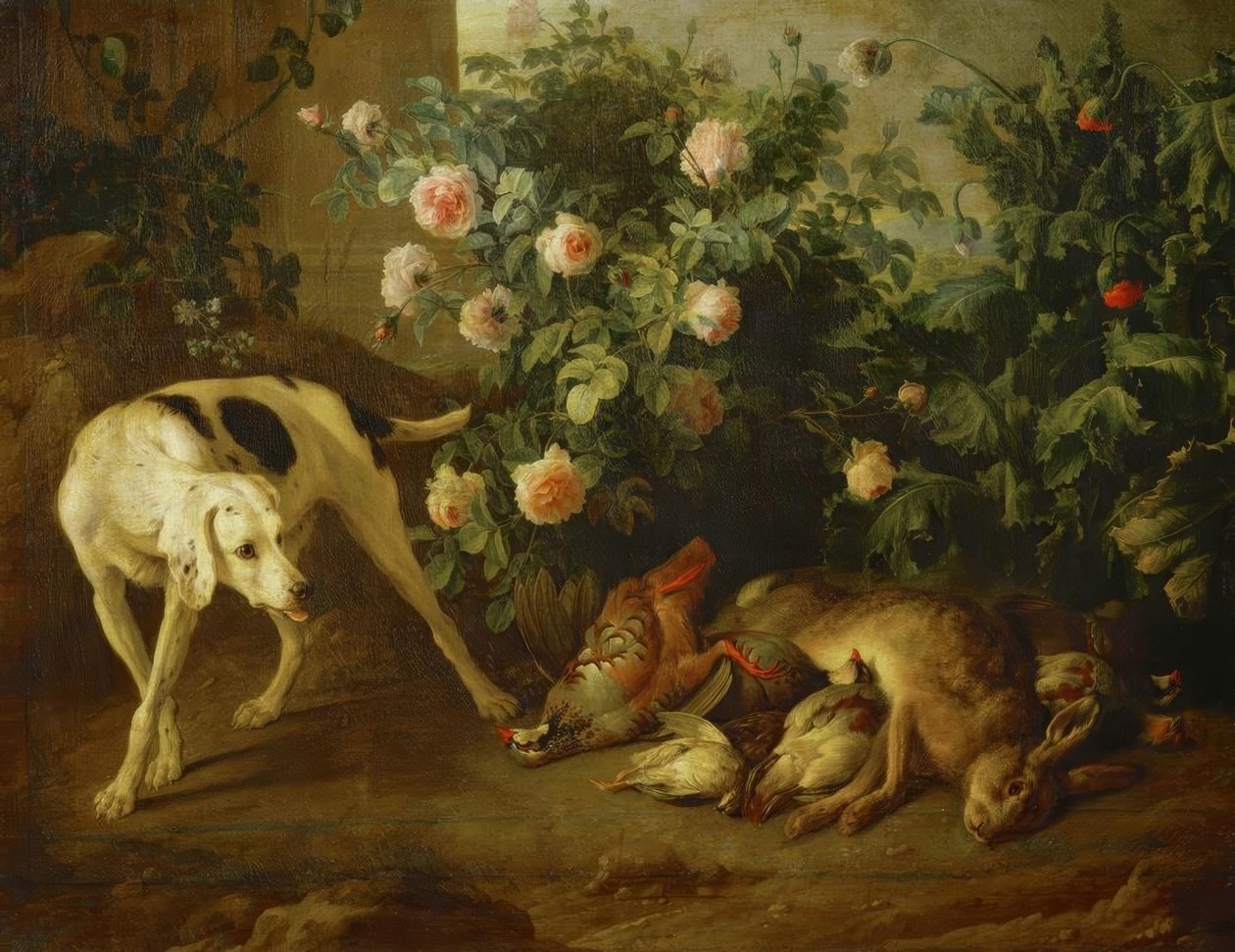 Bir gül çalısının yanında köpek tutma oyunu by Francois Desportes