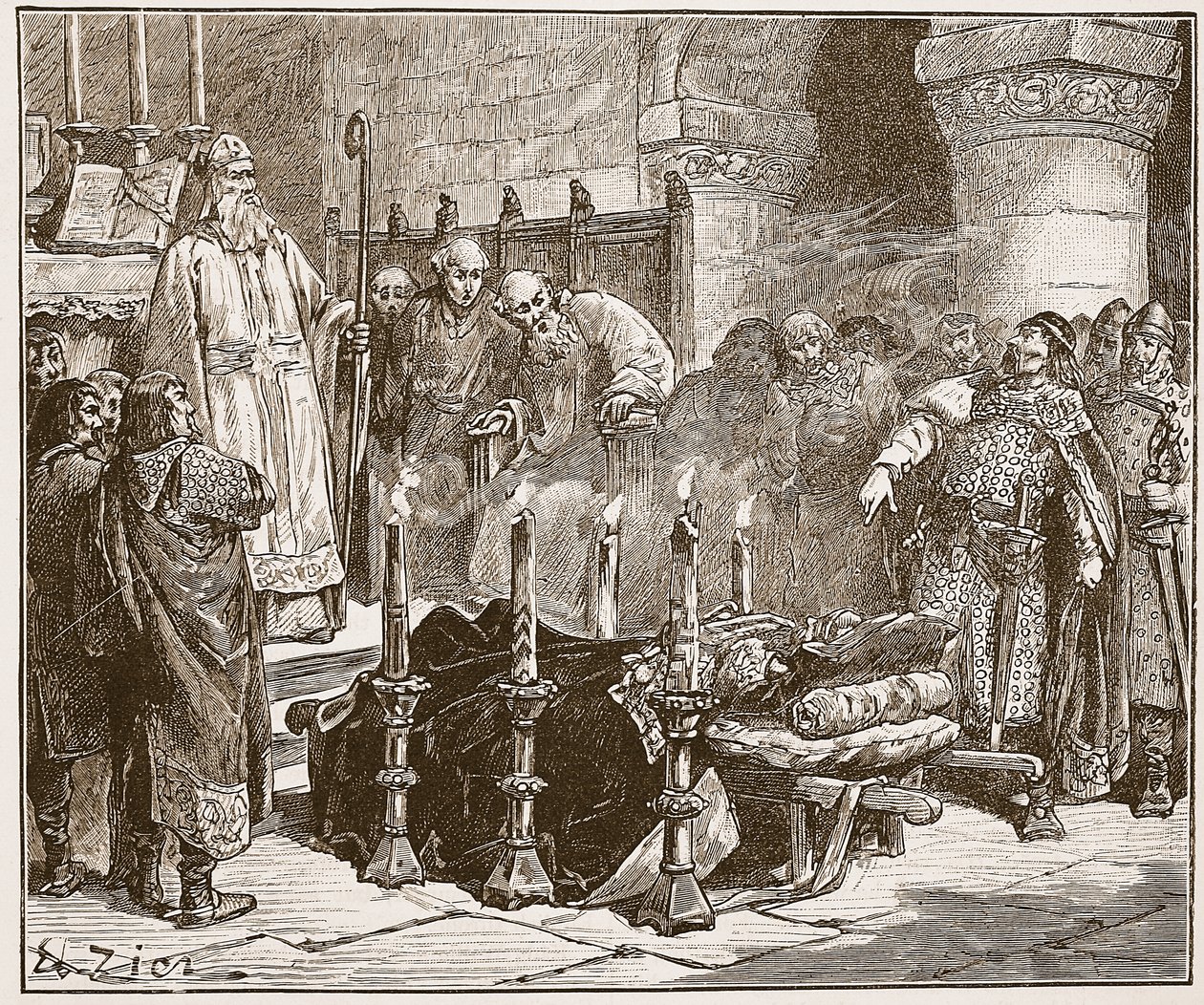 Fitz-Arthur, William'ın gömülmesini yasaklıyor, 'Cassell's Illustrated History of England'dan bir çizim (sepya fotoğrafı) by Francois Edouard Zier