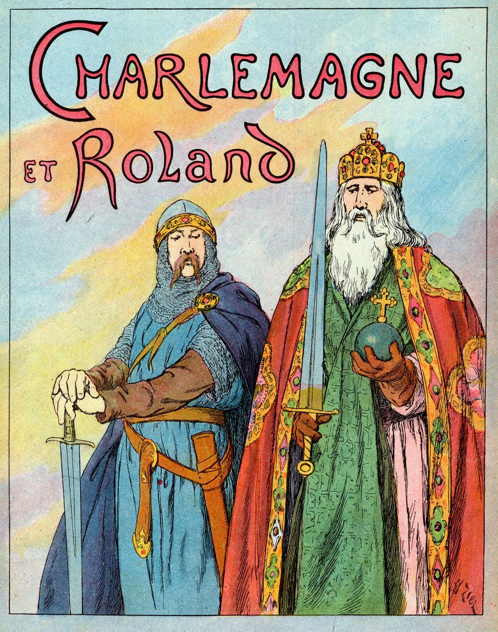 Büyük Frank Kralı Charles ve Fransız şövalyesi Roland de Roncevaux - Charlemagne ve Le Chevalier Roland (736-778) - Francois Zier (1856-1924) tarafından yapılan çizim 1920 civarında “Nos-Gires-Nationales”den alınmıştır. by Francois Edouard Zier