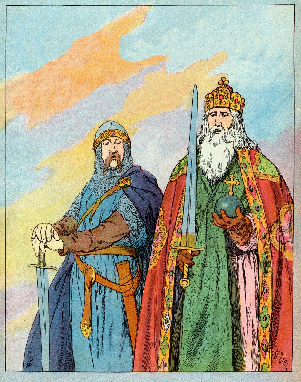 Büyük Frank Kralı Charles ve Fransız şövalyesi Roland de Roncevaux - Charlemagne ve Le Chevalier Roland (736-778) - Francois Zier (1856-1924) tarafından yapılan çizim 1920 civarında “Nos-Gires-Nationales”den alınmıştır. by Francois Edouard Zier