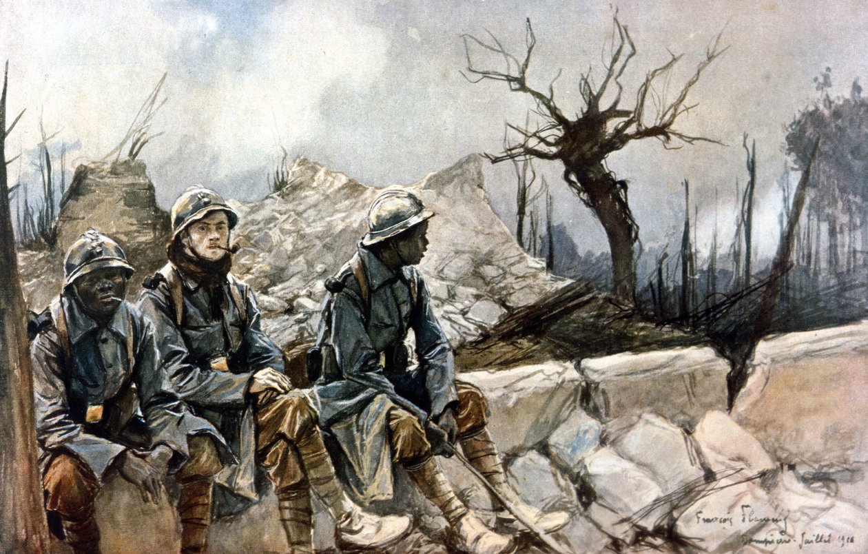 Dampierre kilisesinin kalıntılarının önünde oturan 3 Fransız askeri. Savaş 1914 - 1918. Francois Flameng