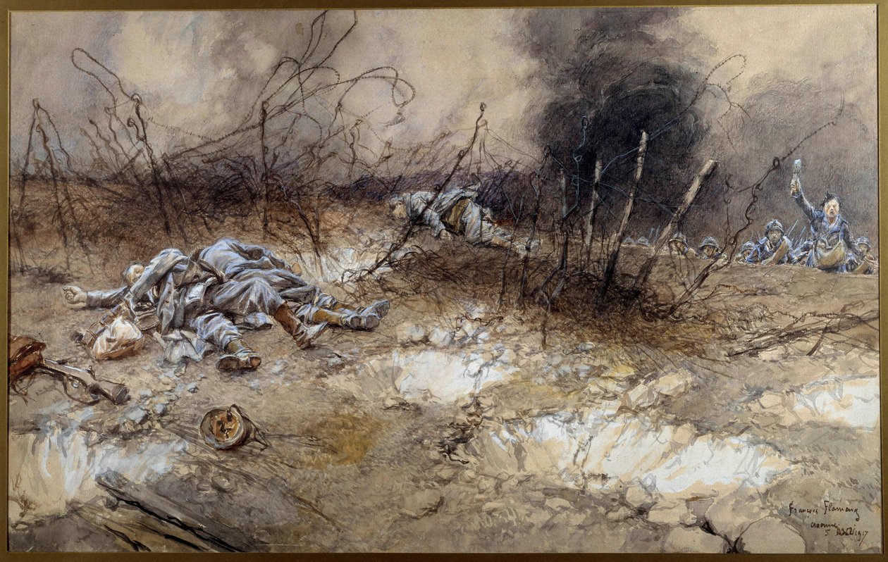 Birinci Dünya Savaşı: 5/04/1917 tarihinde La Craonne Savaşı sahnesi. Sakalların arasında yatan piyade cesetleri. Francois Flameng (1856-1923) Sun