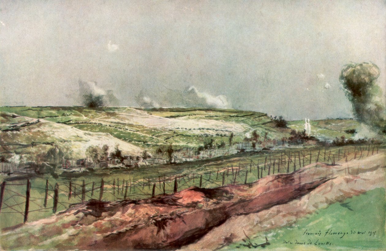 Notre Dame de Lorette ve St Nazaire, Ablain, bombardıman sırasında, Artois, Fransa, 1915, 1926. by Francois Flameng