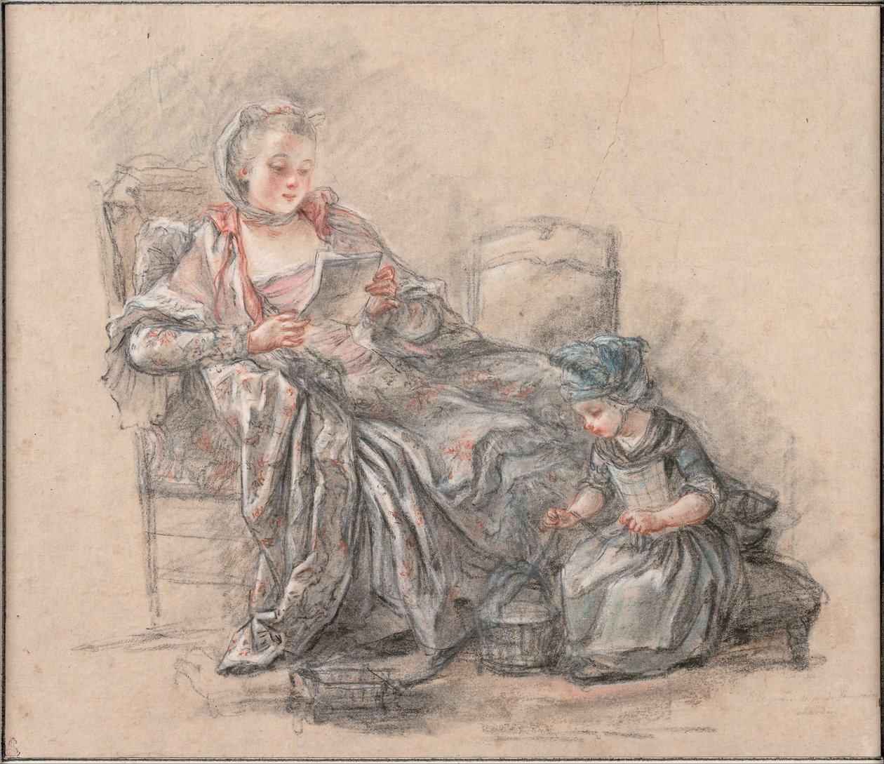 Okuyan Kadın ve kızı Alexandrine ile Marquise de Pompadour Oynayan Bir Kız, yaklaşık 1748 by Francois Guérin