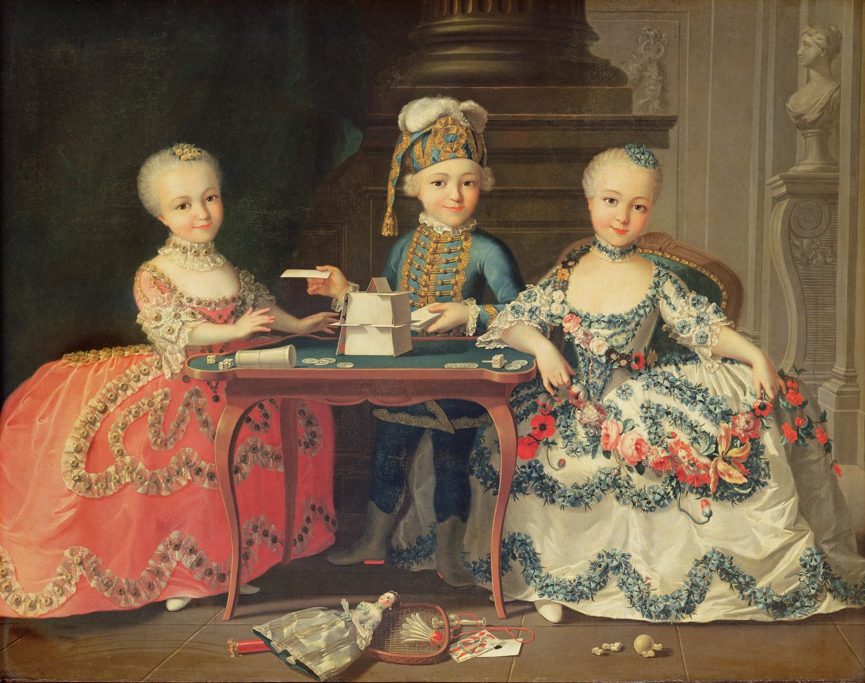 Masanın yanında diğer oyunlarla birlikte kağıtlardan bir ev inşa eden bir erkek ve iki kızın grup portresi by Francois Hubert Drouais